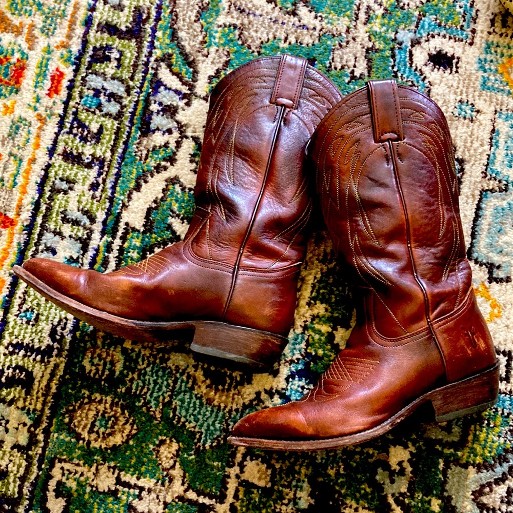 Cognac Genuine Leather Frye Billy Cowboy Boots Green & Gold Embroidery 8 1/2